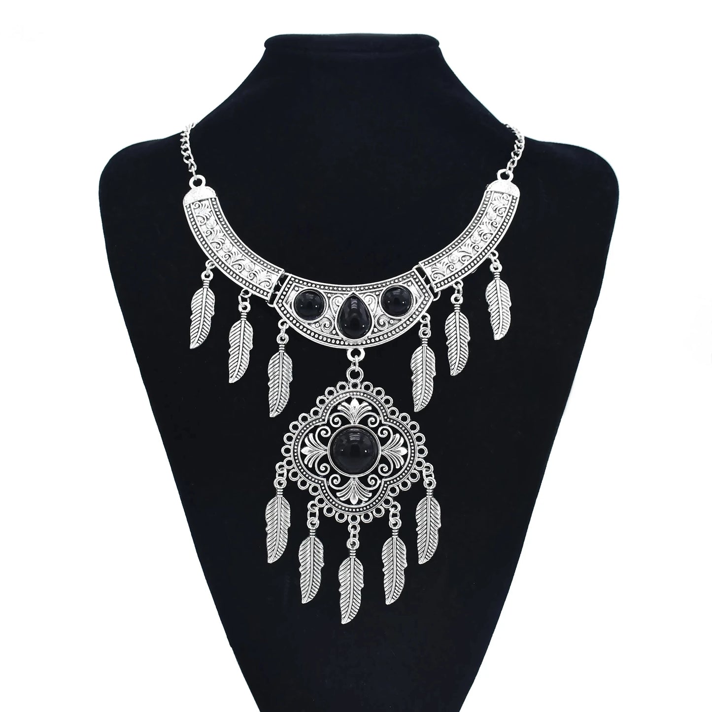 Bohemian Black Blue Stones, Coin tassel Necklace Turkish Gypsy Boho