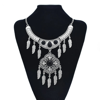 Bohemian Black Blue Stones, Coin tassel Necklace Turkish Gypsy Boho
