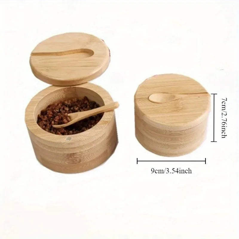 Salt, Pepper, Sugar Condiment Bowl, Bamboo with Spoon in Lid