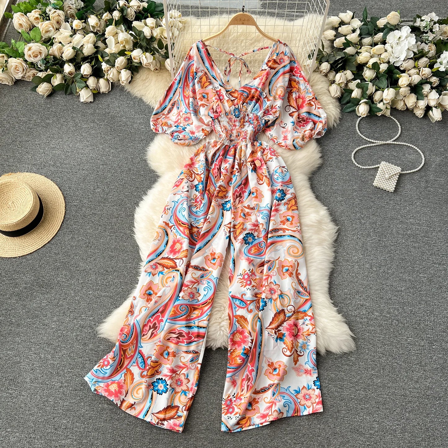 V Neck Dolman Sleeves Slim Waisted Floral and Polka Dot Print Jumpsuit with Wide Legs