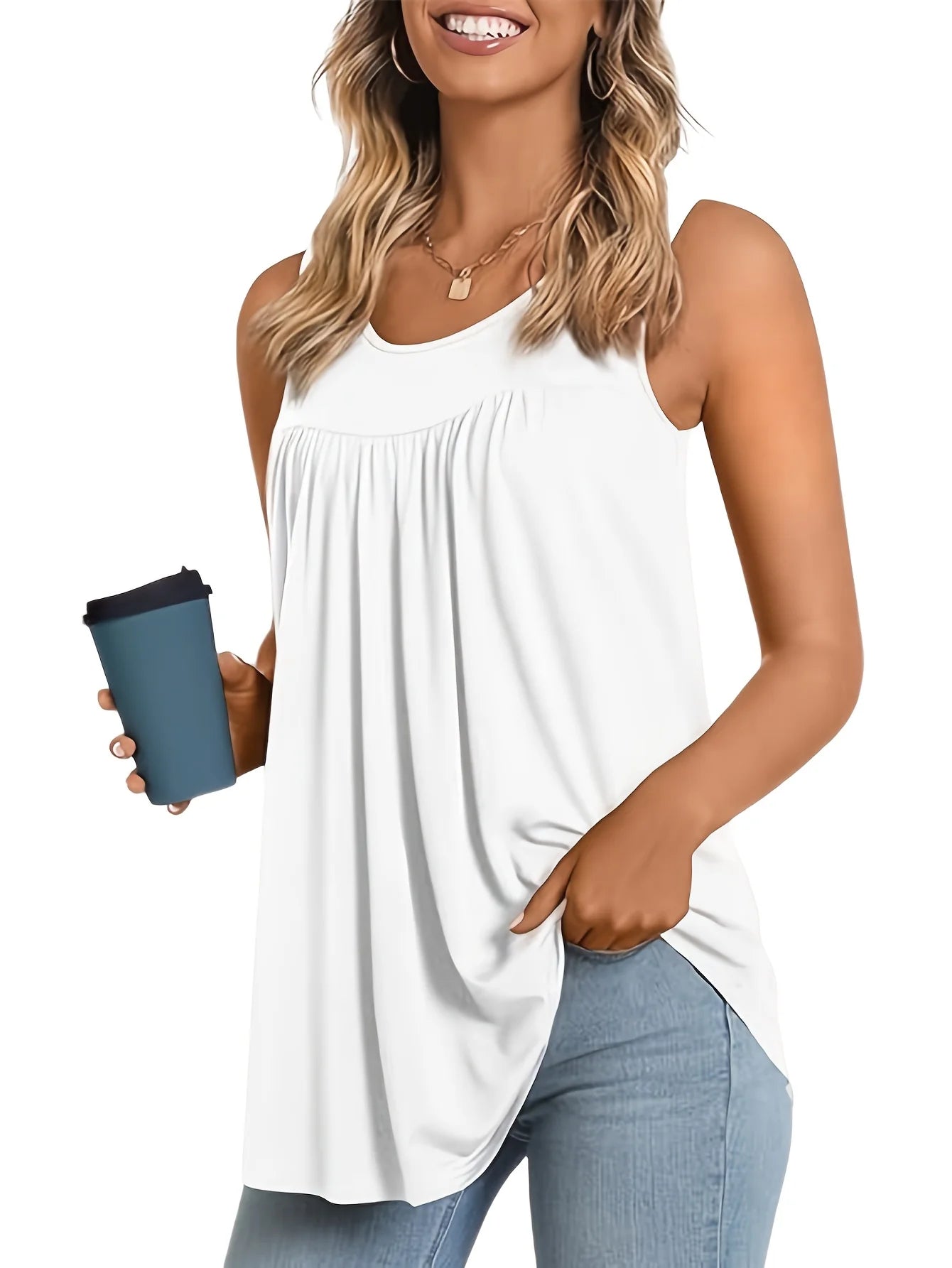 Sizes to 6XL  Loose casual solid color plus size Tank Top.  Available in Black, White, Grey, and Blue
