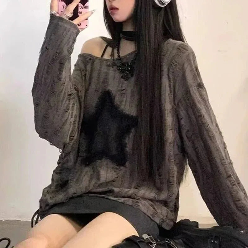 Star Print T-Shirt, Streetwear, Off Shoulder Tops, Oversized, Long Sleeve Loose Tees