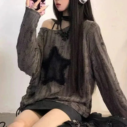 Star Print T-Shirt, Streetwear, Off Shoulder Tops, Oversized, Long Sleeve Loose Tees
