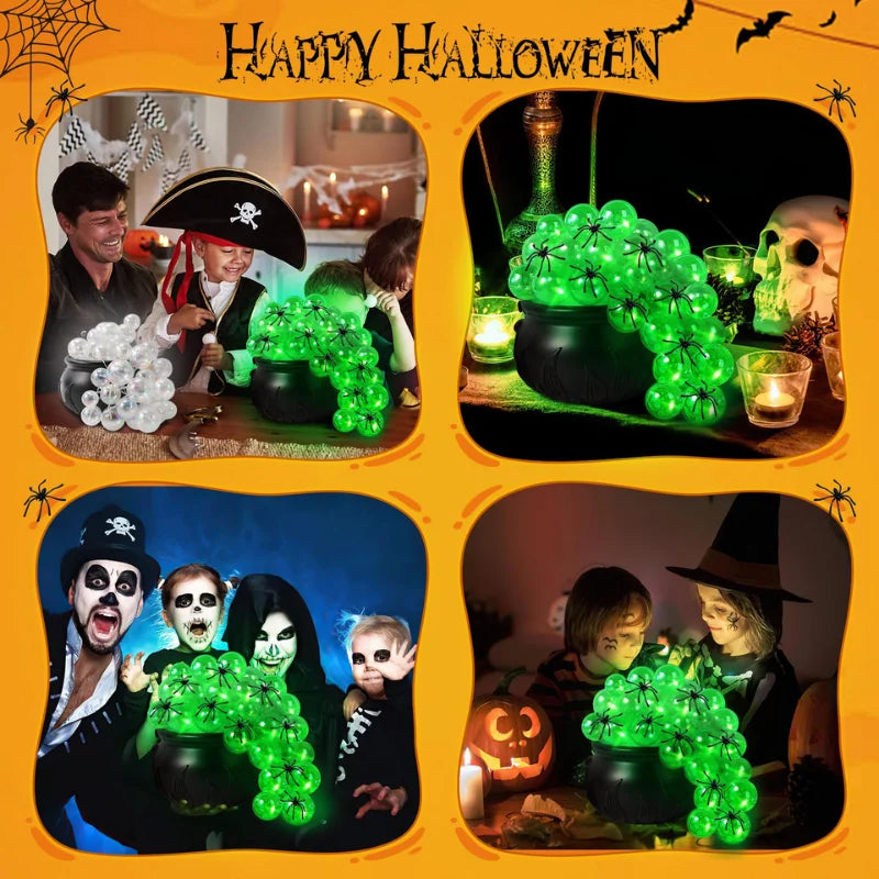 Indoor Halloween DIY Bubbling Witch Cauldron. Consists of 1 witch cauldron, cotton filling, 40 clear balls, and a string of twinkling lights, glue, and 10 simulated spiders.