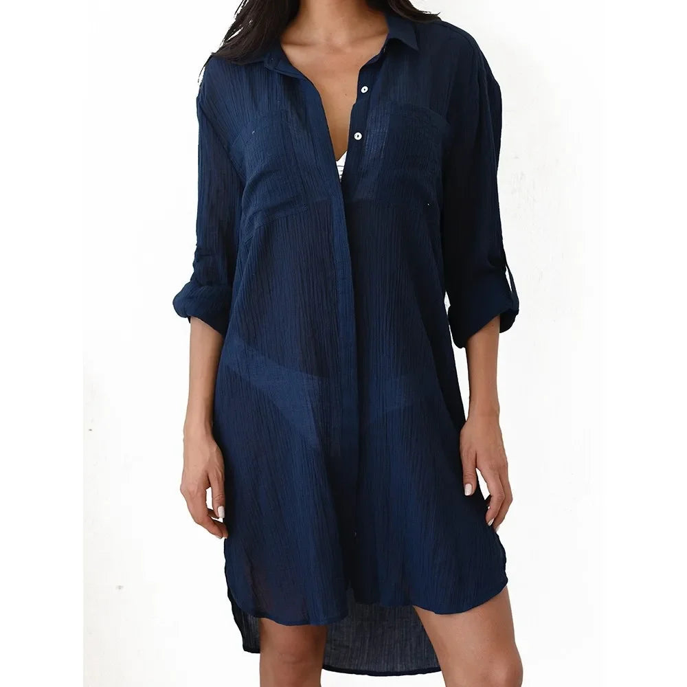 Cotton Tunic for Beach Swimsuit Cover-up or a Long, Thin Blouse in Dark Blue, White, Teal, or Black