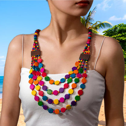 Boho African Jewelry Multi Layered Handmade Round Wooden Beaded Necklace