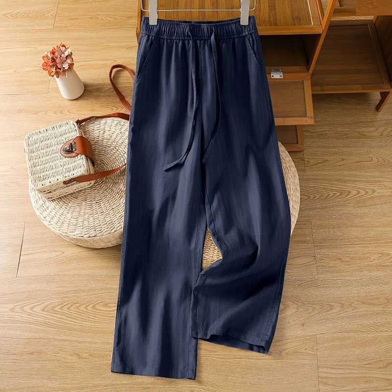 Up to 4XL in Navy, Wheat, White, and Black Wide Leg Pants.  Cotton with Elastic and Tie Waist.