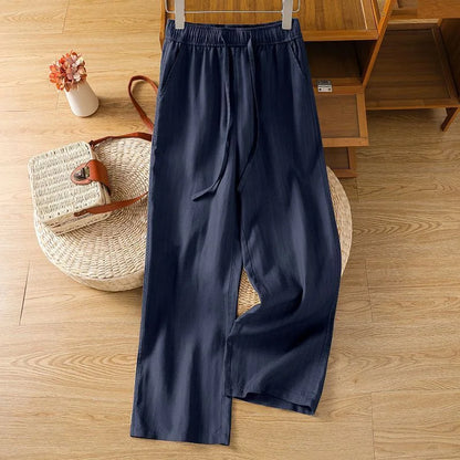 Up to 4XL in Navy, Wheat, White, and Black Wide Leg Pants.  Cotton with Elastic and Tie Waist.