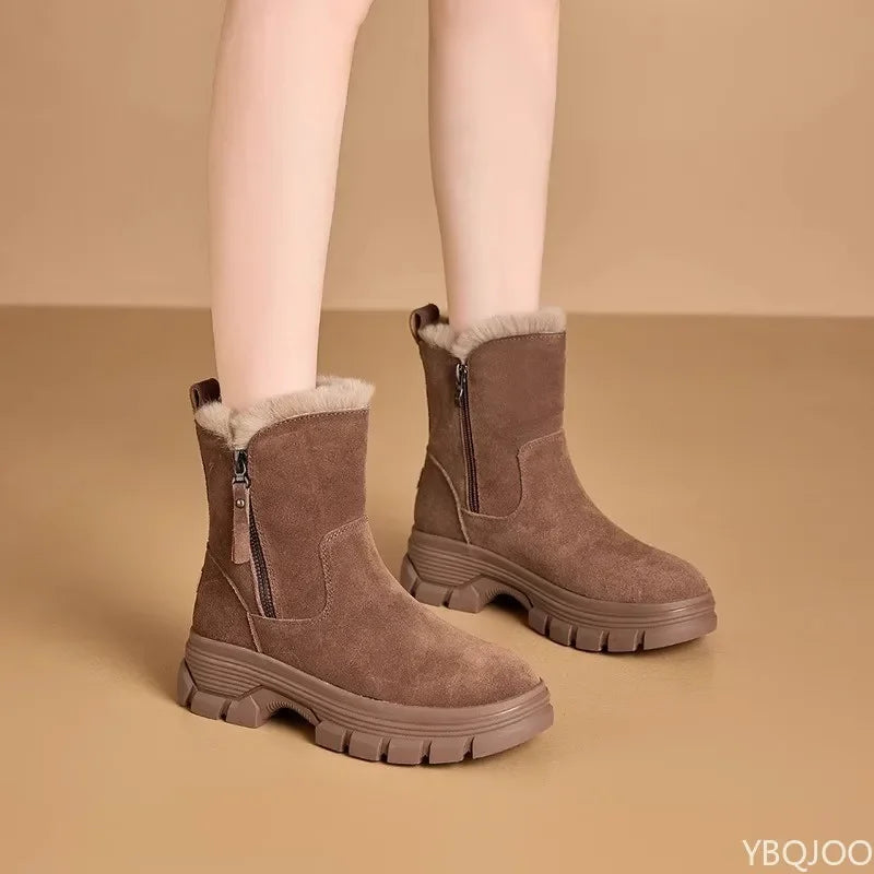 Thick cotton-lined snow boots with side zipper, weather-resistant, anti-slip, and  versatile short boots