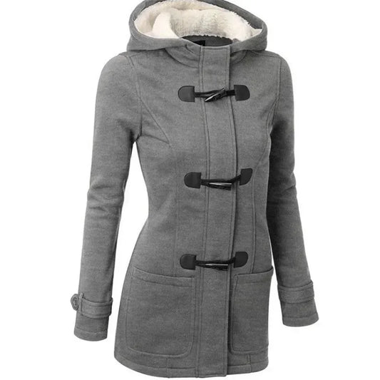 Hooded Women's Overcoat, Zipper Closure with Button Decorations and Pockets