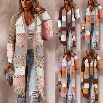 Multi-Color Mid-Length Knitted Cardigan Sizes to 3XL