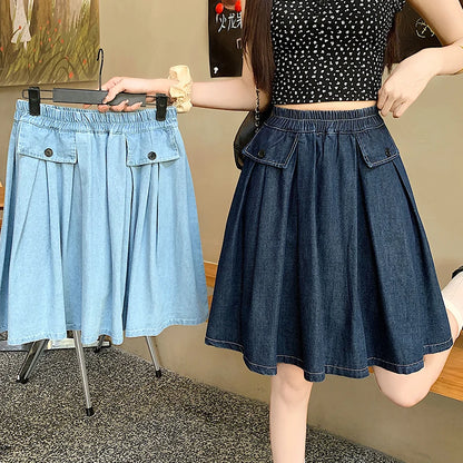 Sizes to 4XL, Casual, Loose A-line, Gathered Denim Skirt With Under-Shorts and Elastic Waist, Comfortable and Fashoinable