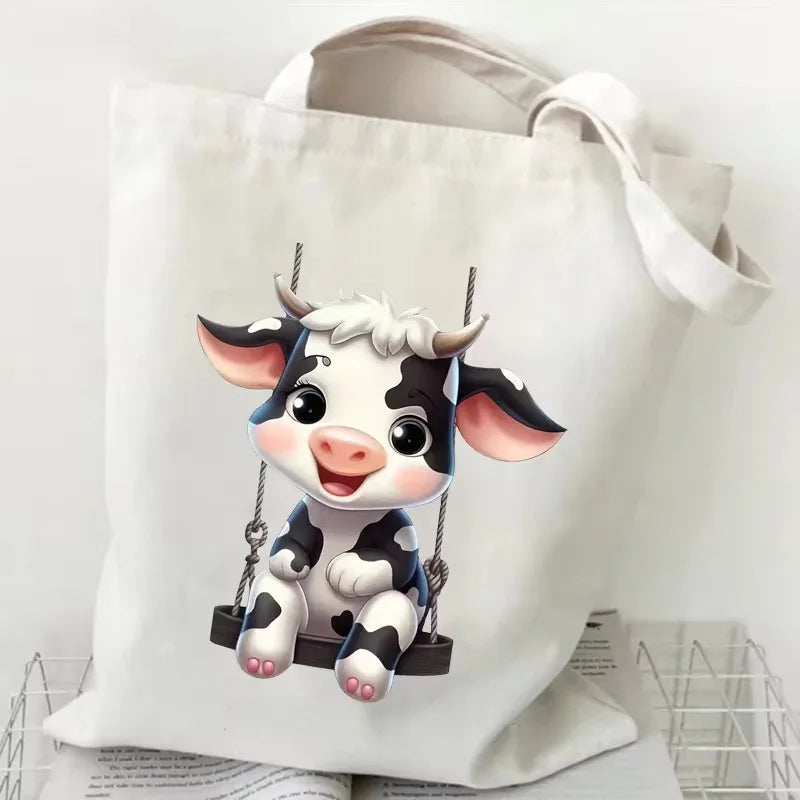 Adorable Highland Cow Print Canvas Large Capacity Tote Bag