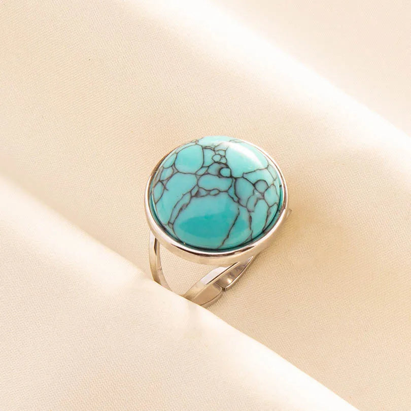 1pc Boho Turquoise Ring Stainless Steel Light Blue Gemstone Silver Adjustable Ring
