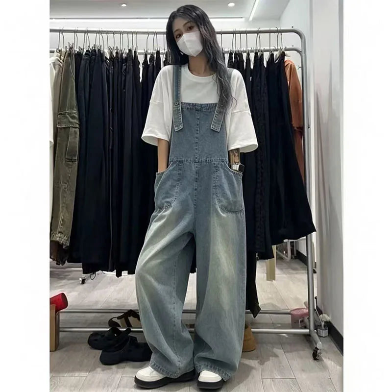 Retro Light Wash Denim Overalls for  Loose High Waist Baggy Leg Jumpsuit with Big Pockets