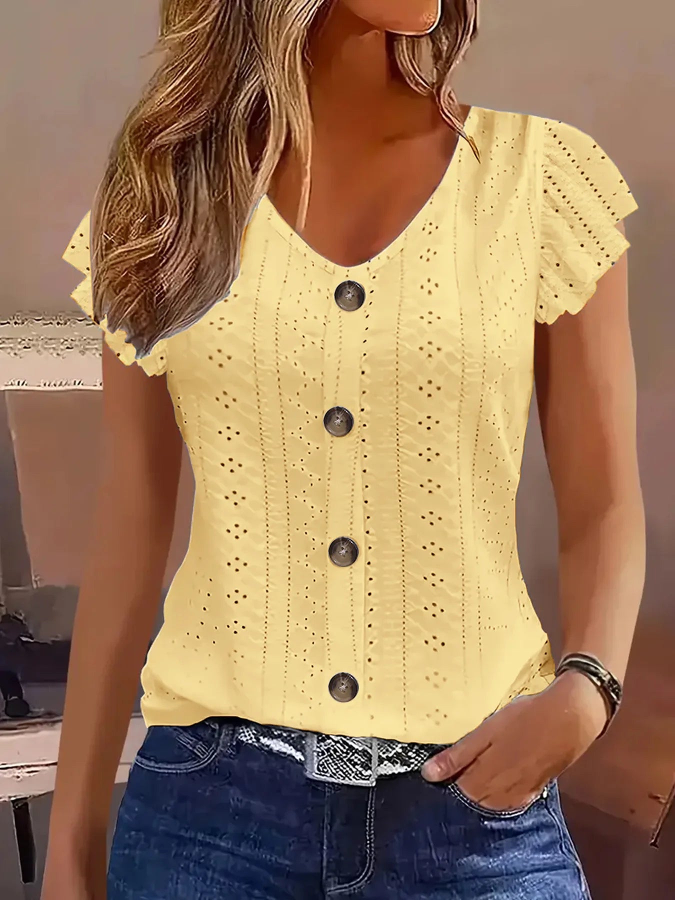 Various Colors Available ruffle sleeve V-neck T-shirt