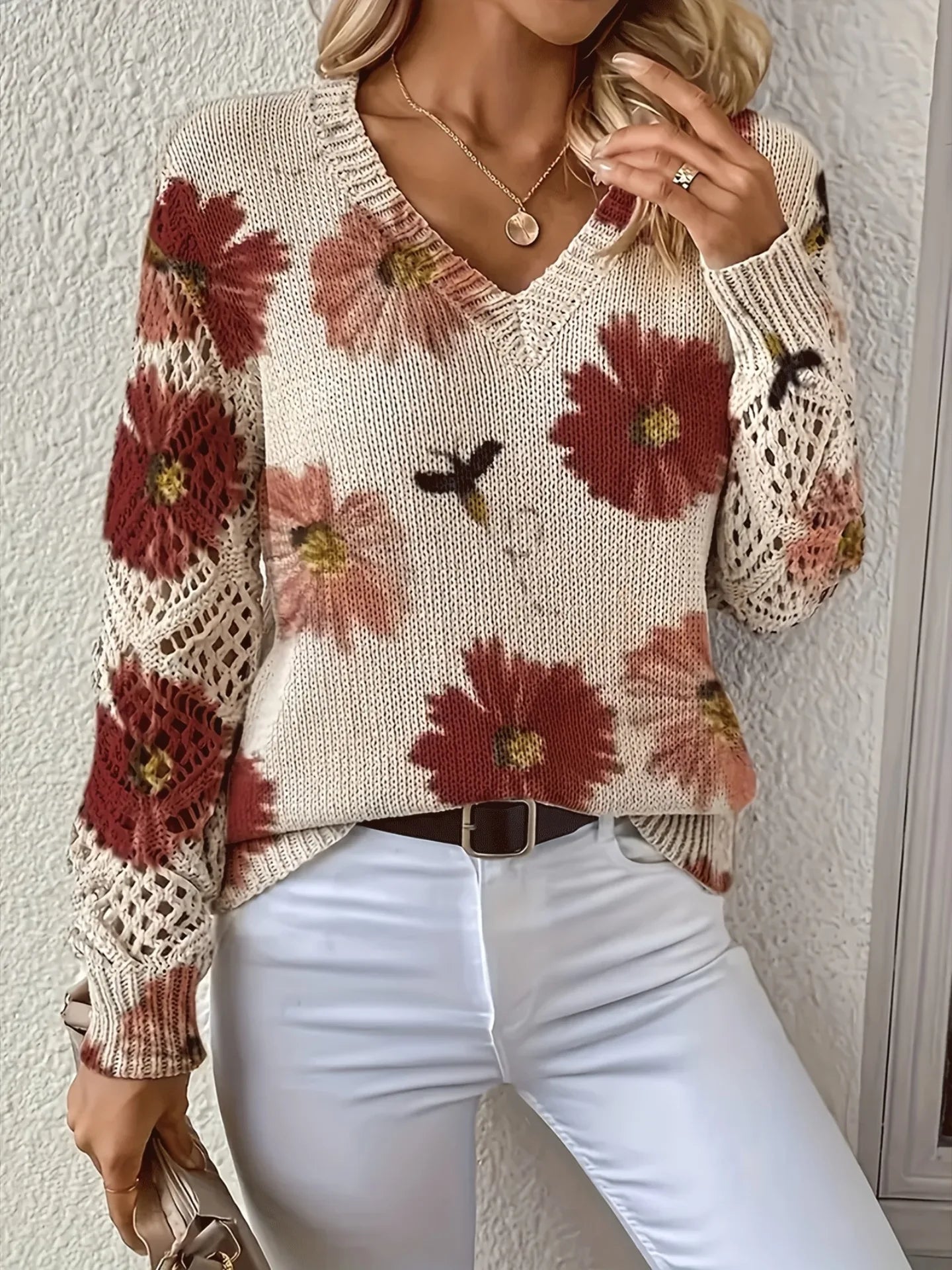 Boho Floral Print V Neck Crocheted Long Sleeved Sweater with Hollowed Out Knit Sleeves in 12 Different Designs