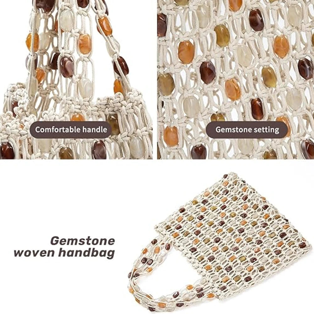 Boho Crochet Shoulder Bag Colorful Beaded  Tote Handbag