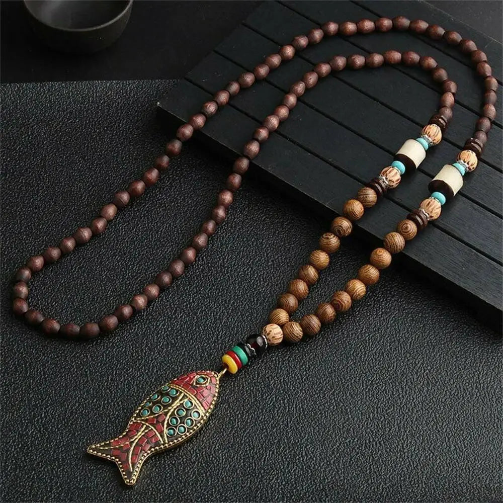 Long Wooden Beaded Tassel Boho  Necklace Nepal Wood Beads