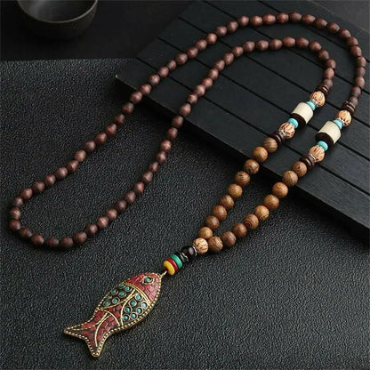 Long Wooden Beaded Tassel Boho  Necklace Nepal Wood Beads