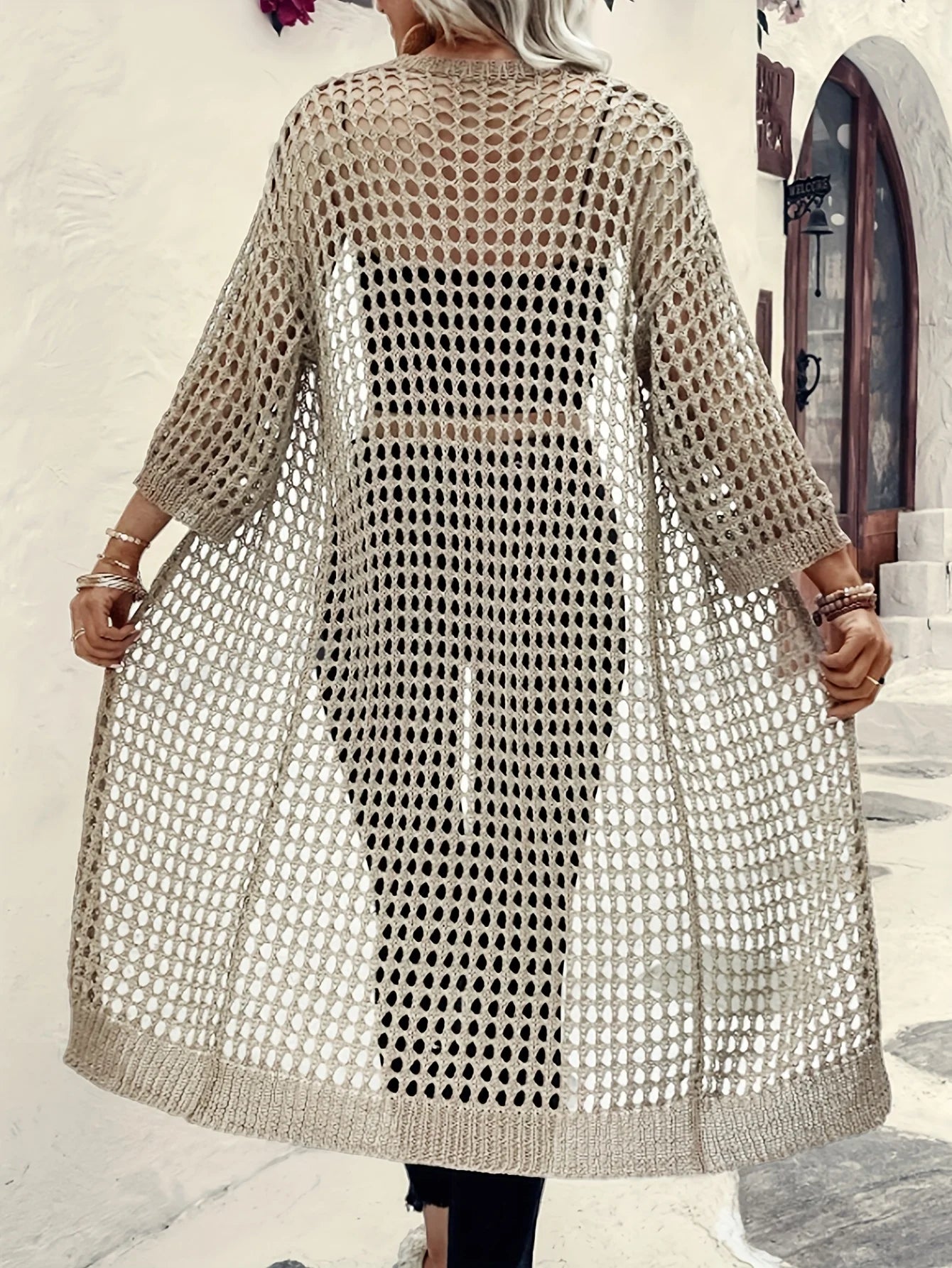 Long Hollowed Out Knit Cardigan, Spring Summer V-neck Mid-length Loose Casual