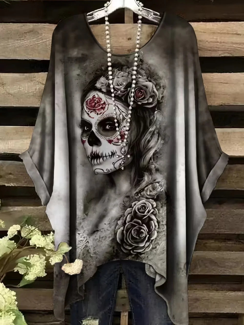 Sizes to 3XL Bohemian Skull Print Loose T-shirt Irregular Hemline O-Neck Short Sleeved Oversize Various designs