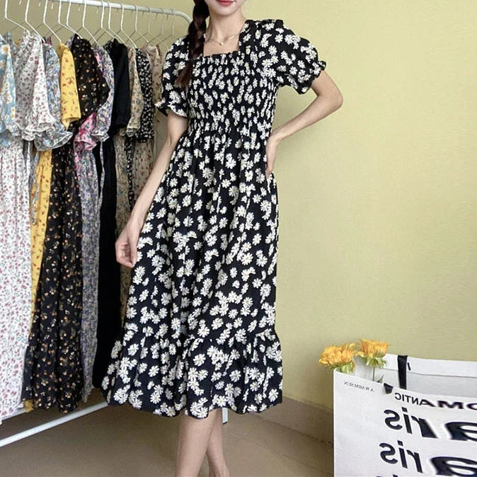 14 Patterns Elastic Waist Chiffon Dress  Short Sleeve Pleated A-line Dresses