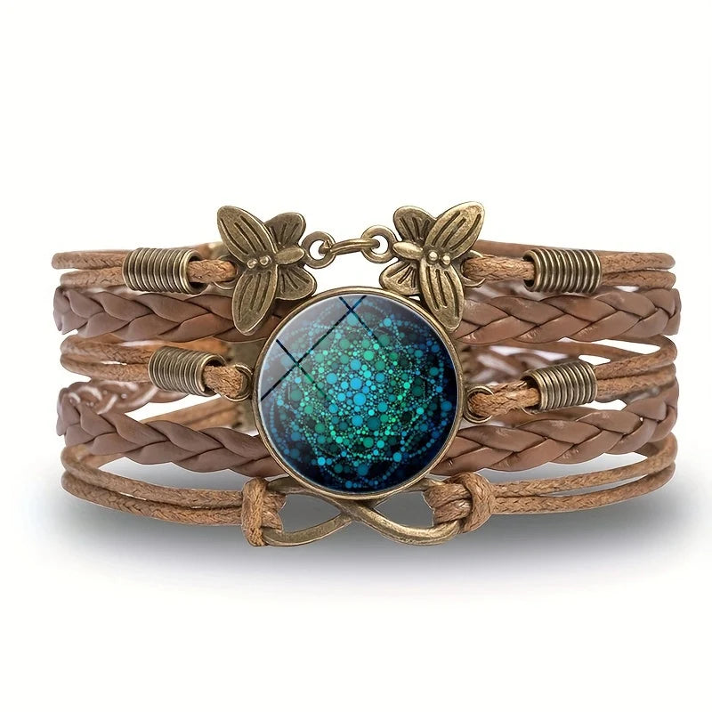 Vintage Mandala Flower Glass Dome Wrap Bracelet Multilayer Woven Leather Bracelets