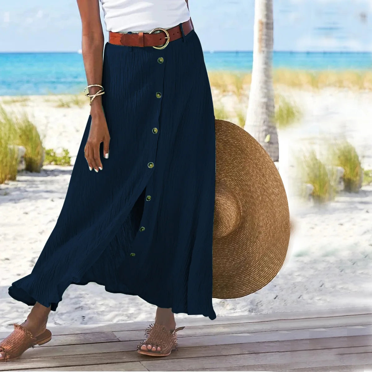 Size to 5XL Button Front Solid Color Split, A-line Mid-waist Long Skirt in White, Green, Navy, Black, and Salmon Colors