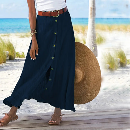 Size to 5XL Button Front Solid Color Split, A-line Mid-waist Long Skirt in White, Green, Navy, Black, and Salmon Colors