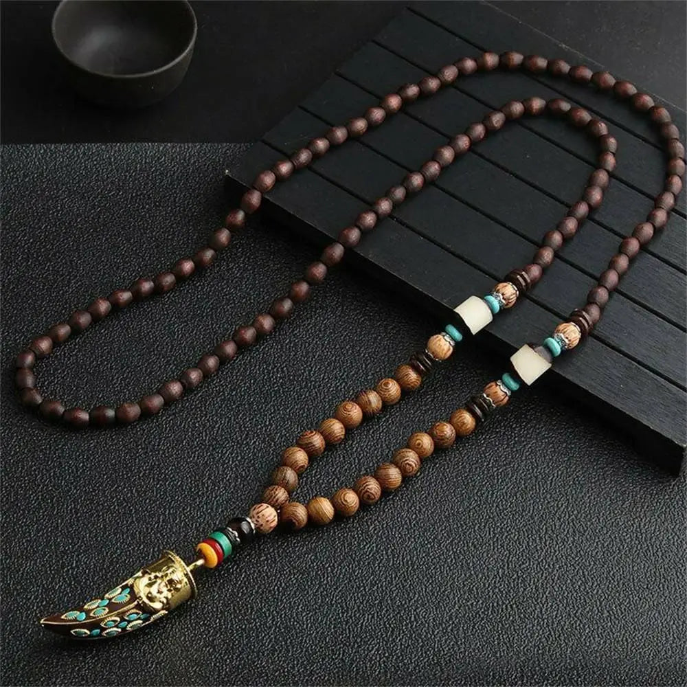 Long Wooden Beaded Tassel Boho  Necklace Nepal Wood Beads