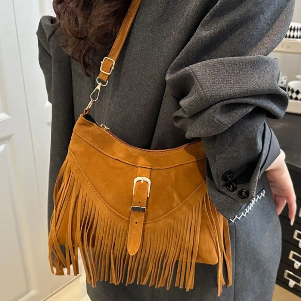 Bohemian Suede Leather Under-Arm Zipper, Tassels, Shoulder Bag, Solid Color PU Leather, Black, Grey, Coffee, and Light Brown