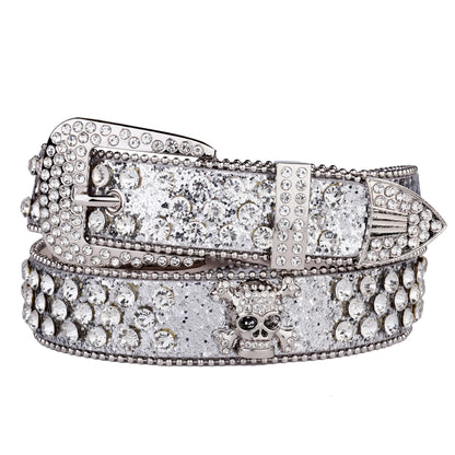 Rhinestone Skull Belt with Studded PU Leather Country or Punk Belt. Also in Silver and Pink PU Leather