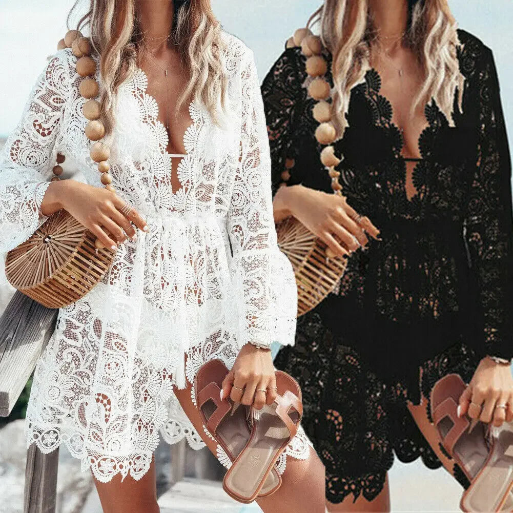 Boho Crochet White Knitted V-neck Scallop Trim Lace Dress Cover-Up in Black and white
