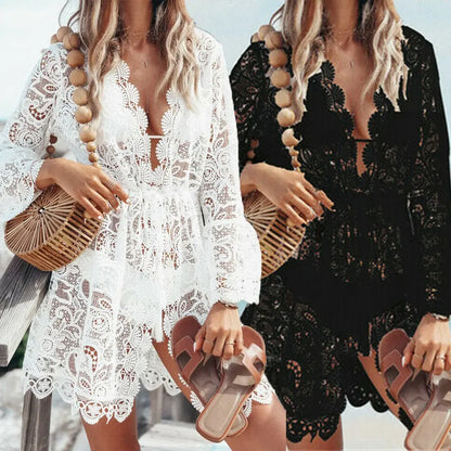 Boho Crochet White Knitted V-neck Scallop Trim Lace Dress Cover-Up in Black and white