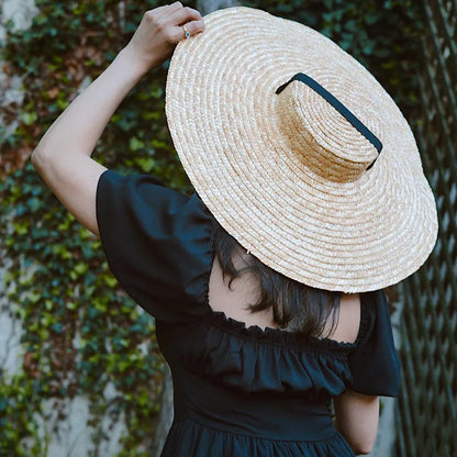Big Natural Straw Hats, Wide-Brim Sun Visor Caps, Elegant Flat Top, Long Ribbon Tie