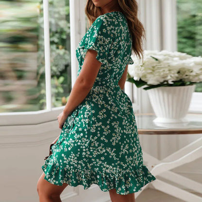 Boho Floral Skirt Print Ruffles, V Neck, Short Sleeve, A Line, Mini Dresses