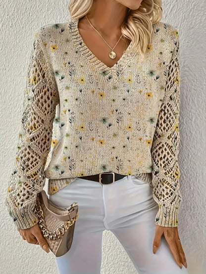 Boho Floral Print V Neck Crocheted Long Sleeved Sweater with Hollowed Out Knit Sleeves in 12 Different Designs