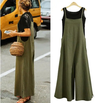 Spaghetti Strapped Jumpsuit to Sizes 5XL. Solid Color, Wide Leg Pants. Bibbed Overalls with Pockets. Casual, Loose, Cotton Linen