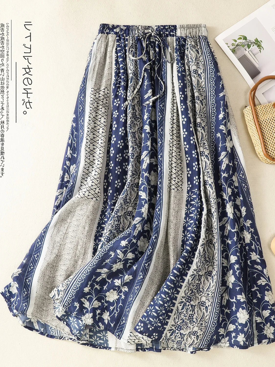 Retro Ethnic Print Flax A-Line Midi Skirt High Waist Drawstring Sizes to 2XL
