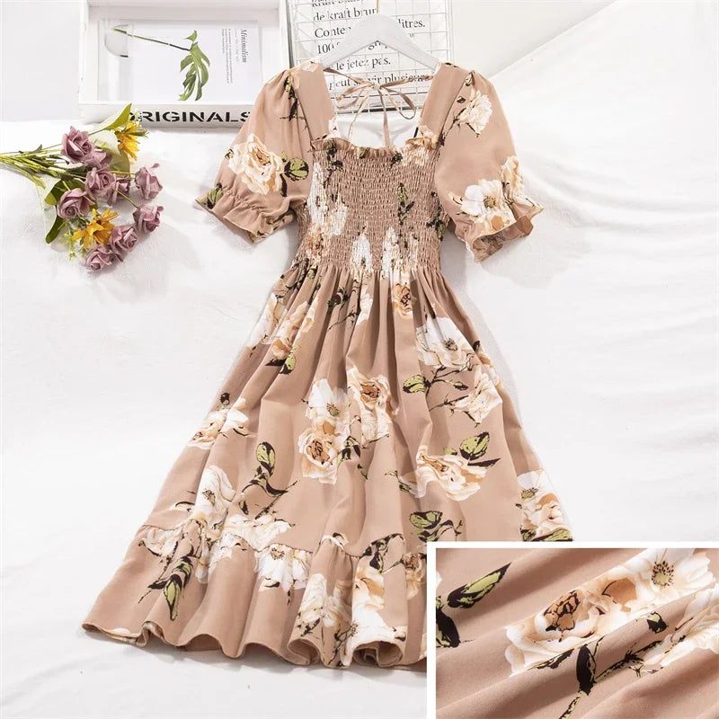 14 Patterns Elastic Waist Chiffon Dress  Short Sleeve Pleated A-line Dresses