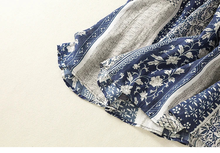 Retro Ethnic Print Flax A-Line Midi Skirt High Waist Drawstring Sizes to 2XL