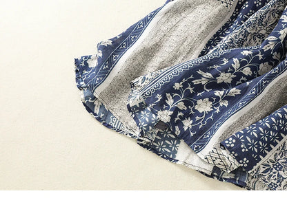 Retro Ethnic Print Flax A-Line Midi Skirt High Waist Drawstring Sizes to 2XL