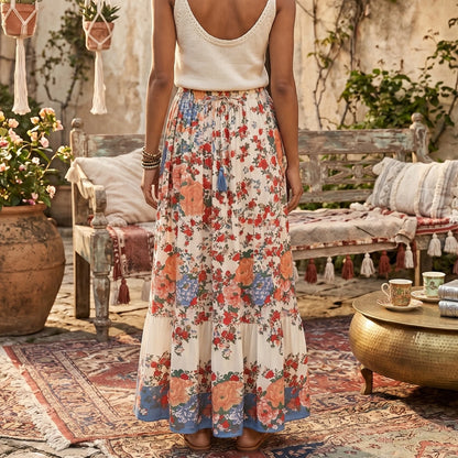 Vintage Chic Bohemian Floral Print  Hippie Skirt High Elastic Waist Maxi Skirt