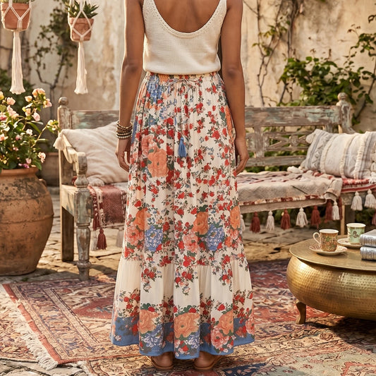 Vintage Chic Bohemian Floral Print  Hippie Skirt High Elastic Waist Maxi Skirt