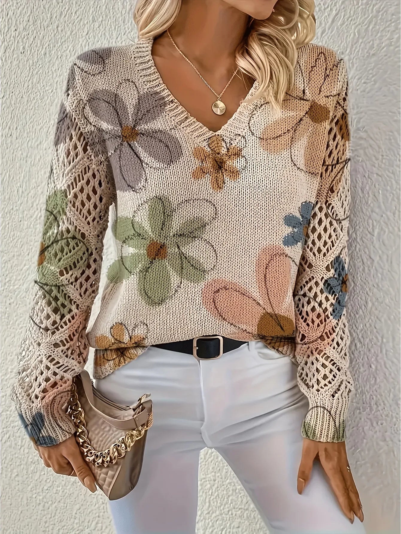 Boho Floral Print V Neck Crocheted Long Sleeved Sweater with Hollowed Out Knit Sleeves in 12 Different Designs