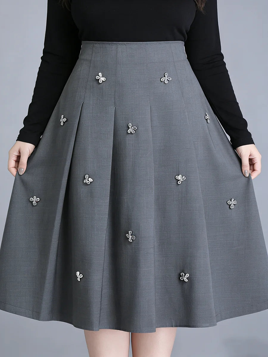 Plus Size to 5XL High Waist, Button, Pleated A-Line Bottoms Stretchy Midi Skirt