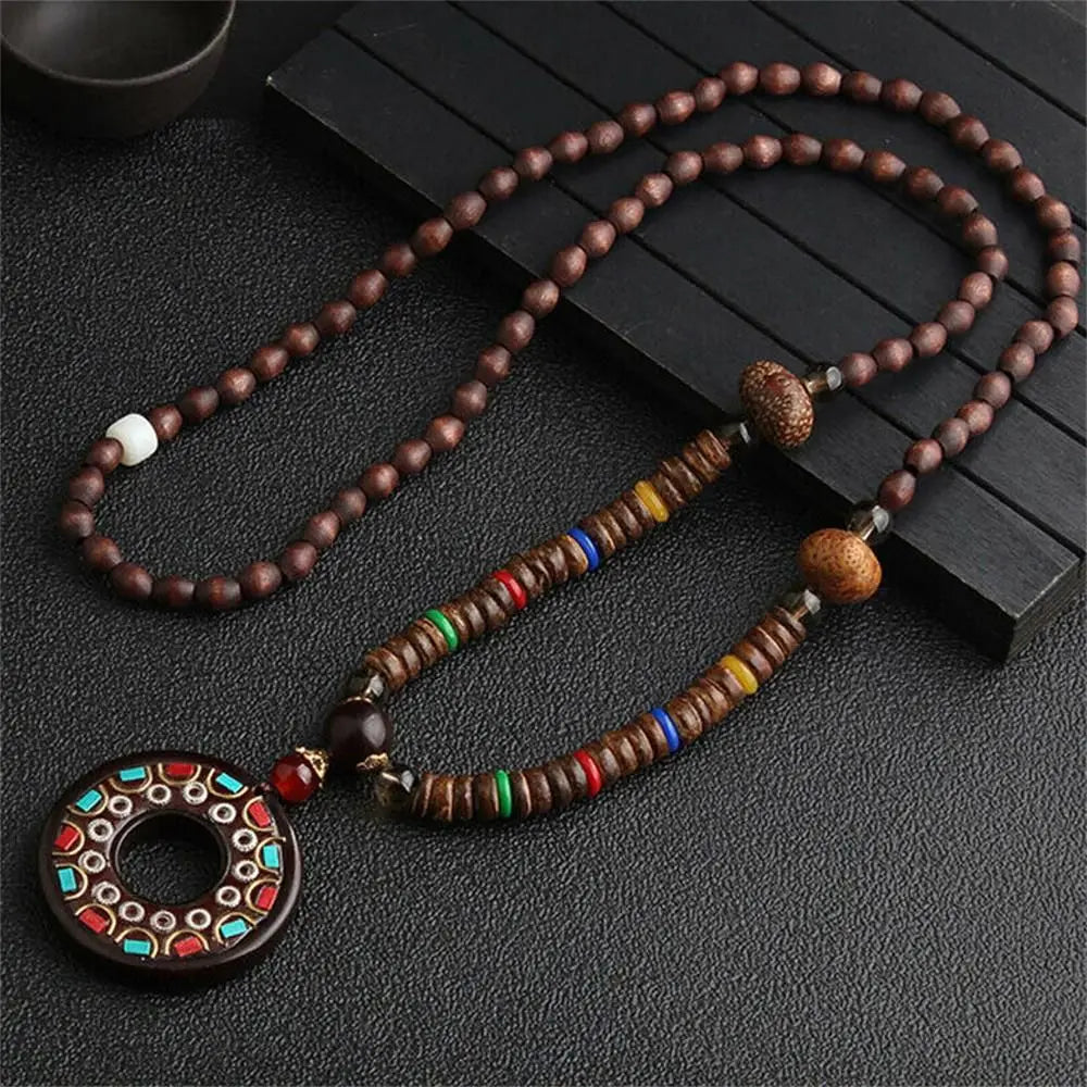 Long Wooden Beaded Tassel Boho  Necklace Nepal Wood Beads