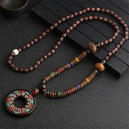 Long Wooden Beaded Tassel Boho  Necklace Nepal Wood Beads