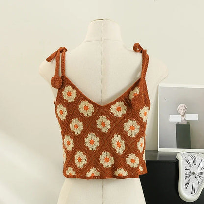 Floral Sleeveless Crochet Top with lace-up shoulder straps